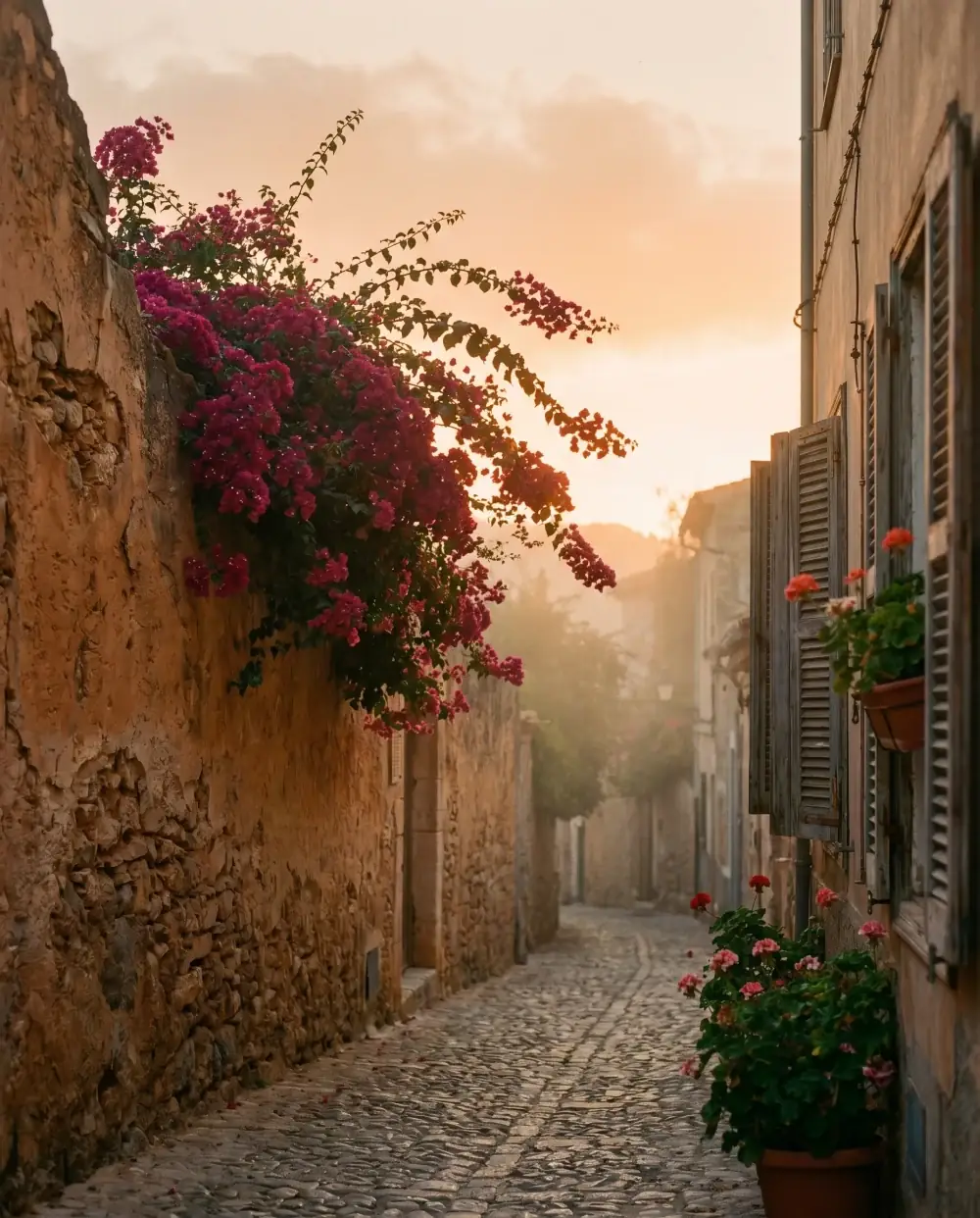 Bougainvillea an warmer Steinwand im goldenen Abendlicht — die Welt von ZERKOT PARFUMS