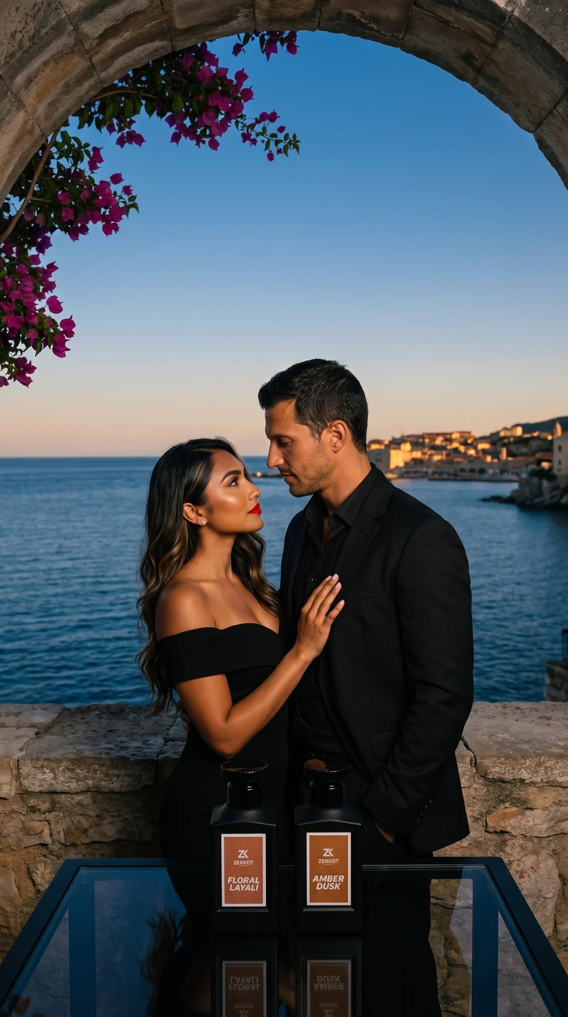 ZERKOT PARFUMS — ein Paar auf einer mediterranen Terrasse im goldenen Abendlicht, die beiden Flakons Floral Layali und Amber Dusk auf Marmor